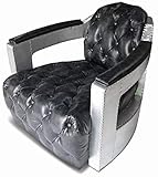 Breite: 73 cm Casa Padrino Chesterfield Echtleder Sessel Vintage Schwarz/Silber 73 x 90 x H. 70 cm - Wohnzimmer Leder Sessel - Club Sessel - Lounge Sessel - Art Deco Sessel - Aluminium Flugzeug Flieger Möbel