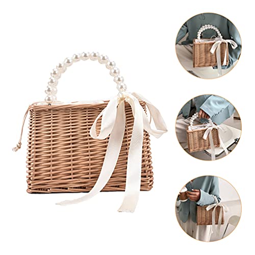 Image of KESYOO Pearl Straw Handbag Beach Bag for Women with Drawstring Closure Portable Tote for Vacation Shopping Outdoor Travel 9.05 X 5.90 X 4.72 in