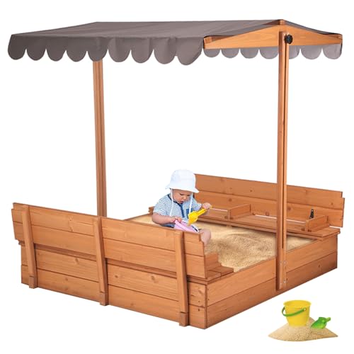 Aivituvin Kids Sand Boxes with Lid and Canopy, Outdoor Sandboxes with Cover, Foldable Bench Seats, Retractable Roof, Sand Table for Kids Ages 4-8 (Brown)