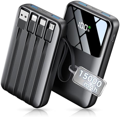 Power Bank, 15000mAh Portable Charger with Built in Cable, 22.5W ...