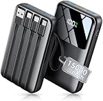 Banque d'électricité, 15000mAh Chargeur portable avec câble intégré, 22.5W Chargement rapide, Slim Travel Batterie Essentielle avec LED Affichage, Compatible avec iPhone 17/16/15/14/13, Samsung, iPad noir