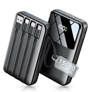 Power Bank, 15000mAh Portable Charger with Built in Cable, 22.5W Fast Charging, 6 Outputs, Slim Travel Essential Battery Pack with LED Display, Compatible with iPhone 17/16/15/14/13, iPad Black