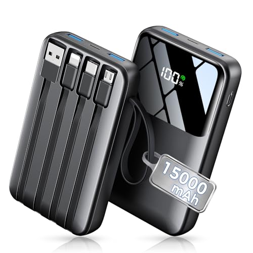 Power Bank, 15000mAh Portable Charger with Built in Cable, 22.5W Fast Charging, 6 Outputs, Slim...