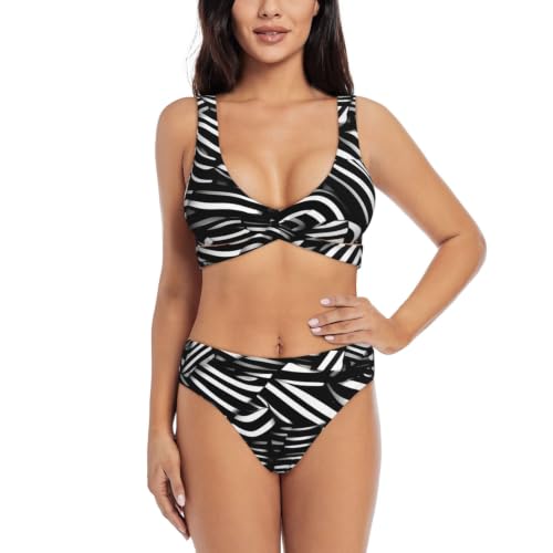 Maillot de bain deux pièces triangle réglable à lignes noires et blanches pour femme
