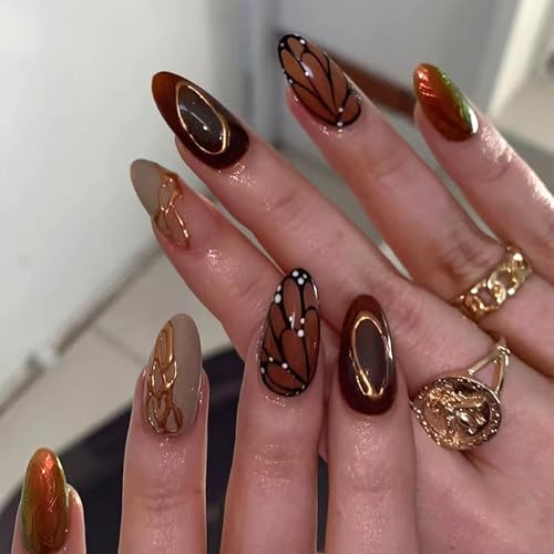 Brown Press on Nails Almond Medium Fake Nails Press ons with 3D Gold-Lined Butterfly Wings Designs Cute Glue on Nails Acrylic Glossy Stick on Nails for Women 24 Pcs