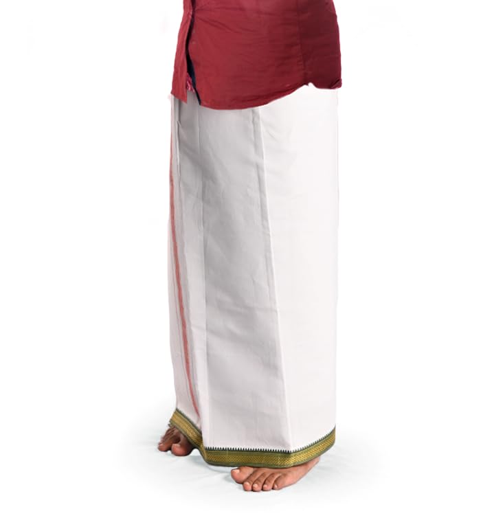 Cotton Dhoti Vesti Mundu Single Layer Traditional Ethnic Wear White with Colored Large Border 3.6 meters for Wedding New Year Temple Puja Rituals Housewarming and Gifting (Red and Green Border)