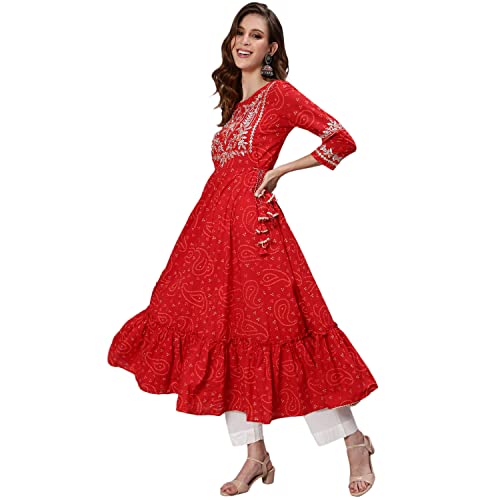 Image of ishin Women's Cotton Red Yoke Design Embroidered Anarkali Tiered Kurta