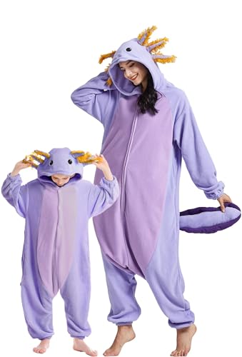DarkCom Animal Onesie for Kids Flannel Cosplay Purple Axolotl Halloween Costume Parent-Child Sleepwear for Girls Boys 10-11 Years