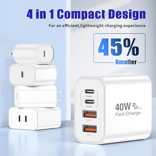 Image of iPhone 17 16 USB C Fast Charger Block,USB C Charging Block 2Pack 40W Type C 4in1 Multiport Fast Plug Apple Charger for Apple iPhone 17 Pro Max /Air /17 Pro /16 Plus /16e /15 ProMax /14 /13 /12 /XsMax /XR /X,iPad