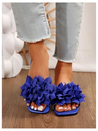 Women's 3D Floral Flat Sandals Dressy Square Open Toe Sandals Single Band Casual Slip on Slides3