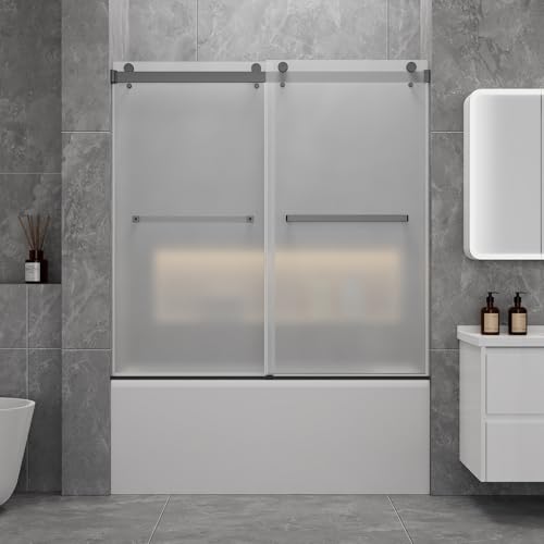 Frameless Shower Door,Frosted Sliding Shower Door for Bathtub, 56-60" W x 60" H-1/4” (6mm), 304 Stainless Steel Hardware, Nano Easy-Clean Glass, Quiet Rollers, Matte Black