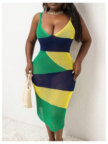 Verdusa Women's Plus Size Color Block Sheer Coverup Cami Dress Hollow Out Crochet Beach Dresses4