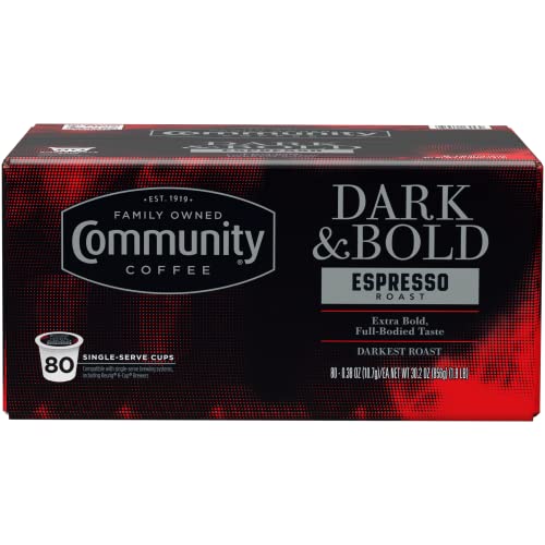 Image of Community Coffee Dark & Bold Espresso Roast Coffee Pods, Compatible with Keurig 2.0 K-Cup Brewers, 80 count (Pack of 1)