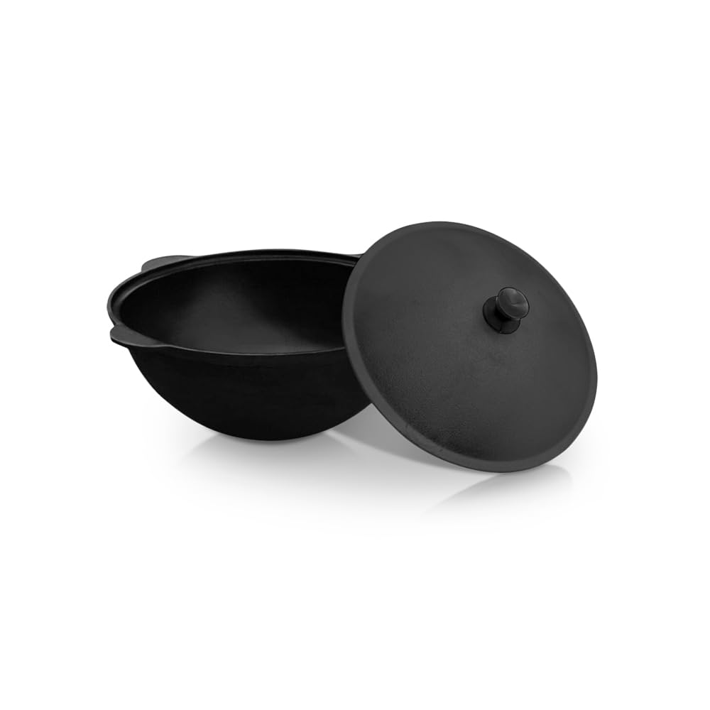 Kazan - Tapa de hierro fundido de 6 l de aluminio fundido de 33,5 cm de diámetro para Plov uzbeko de fondo plano WOK плов казан Kazan horno de fuego учак