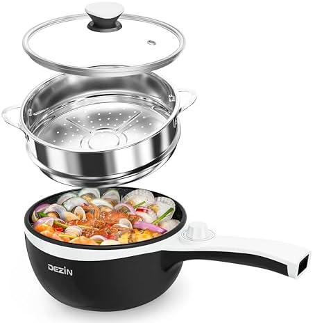Dezin Hot Pot Electric with Steamer, 1.5L Non-Stick Portable Elec...