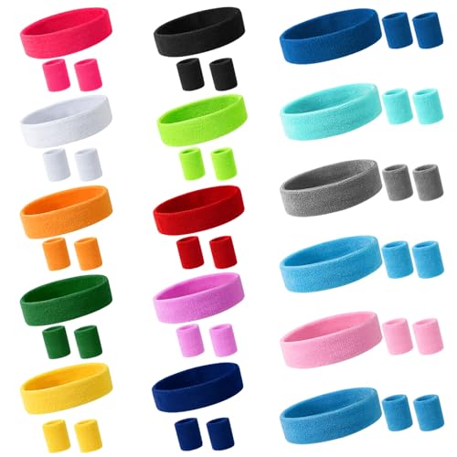 Image of 48PCS Neon Sweatbands, Colorful Sport Headband Wristband Set for Kids, Breathable Terry Cloth Athletic Sweat Bands for Basketball Tennis Running Football, Multicolor