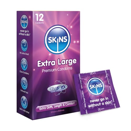Skins Extra Large XL Condoms Natural Latex Extra Large Condom; pre lubed for Comfort 12 Pack