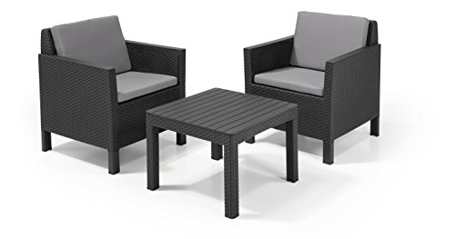 Allibert by Keter Chicago 2 Seat Rattan Balcony Outdoor Garden Furniture Set - Graphite with Grey Cushions