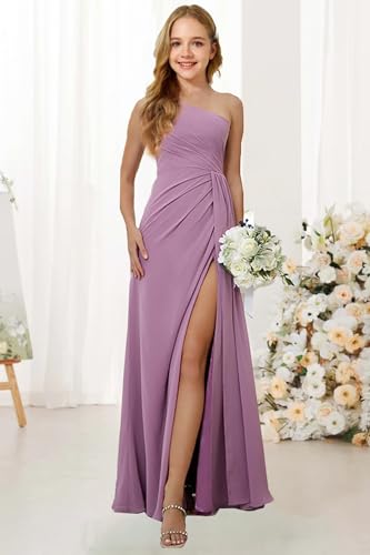 Girls' One Shoulder Chiffon Bridesmaid Dress for Junior A-Line with Ruffle Flower Girl Dresses for Weddings2