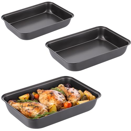 3 PCS Non-Stick Oven Baking Trays, Carbon Steel Roasting Trays, 3-Sized Deep Baking Pan Set, Stackable Home Kitchen Baking Pans, Non- Stick Bakeware Set for Meat, Bread, Cookies