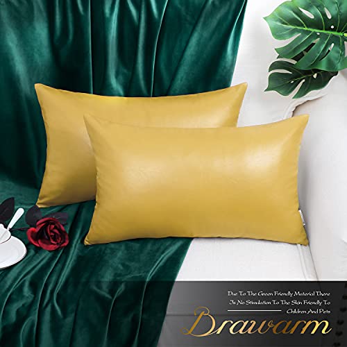 Image of BRAWARM Pack of 2 Cozy Bolster Pillow Covers Cases for Couch Sofa Bed Solid Faux Leather Soft Luxury Cushion Covers Both Sides Home Decoration 12 X 20 Inches Primrose Yellow