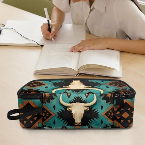 Image of Aztec Western Sheepshead Pencil Case for Kids Large Pencil Pouch for Boys Girls Lightweight Pencil Container for Children 3-18 Pencil Bag for Travelling Camping Hiking Handbag
