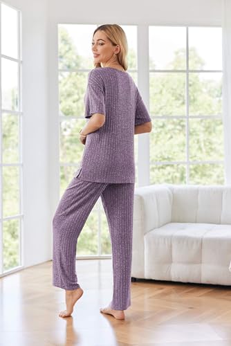 Image of Ekouaer Womens Ribbed Knit Lounge Set Short Sleeve Top and Long Pants Sleepwear Pajama Set Two Piece Matching Outfits Set