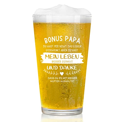 Joymaking Bonus Papa Vatertagsgeschenk Personalisiert Bierglas mit Gravur Bonus Papa Geschenke für Stiefvater Bester Papa Geschenk zum Vatertag Geburtstag Weihnachten