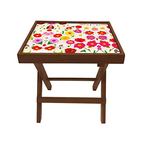 Image of Nutcase Designer Teak Wood Side Table Folding Wooden Bedside Coffee Outdoor Picnic Table - Sweet Florals