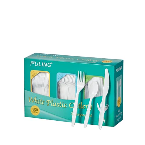 Image of FULING White Plastic Forks Spoons Knives Heavyweight Utensils Disposable Silverware Heavy Duty Cutlery Set [300 Combo Box]