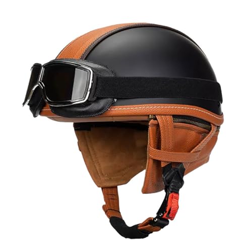 Casque demi-jet vintage en cuir retro avec lunettes pour scooter et vélo