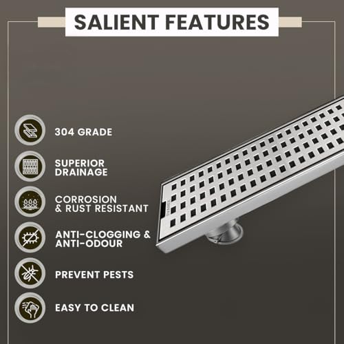 Image of EVANEX Linear Shower Drain Channel | 12x4 Inches Bathroom Drainer | Waste Water Linear Floor Drain Channel | 304 Stainless Steel Bathroom Drainer with Anti Cockroach Trap | Bathroom Jali