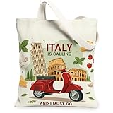 Vespa - Bolsa de lona para mujer, diseño de torre inclinada de edificio vintage, color rojo, lavable, reutilizable, para compras, brunch, parque, biblioteca, excursiones, 13 x 15 pulgadas