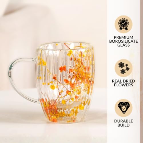 Image of Nestasia Double Wall Glass Mug with Dried Flowers Set of 2 (350ml Each) - Transparent Borosilicate Floral Glass Tea Cups | Lightweight & Durable Coffee Mugs - Perfect for Gifting (Yellow & Orange)