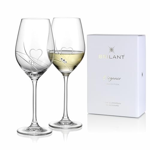 Brilant Romantic Passion Bicchieri da vino bianco – Set di bicchieri da vino fatti a mano con cuori incisi, linee lucidate e cristalli Swarovski, set moderno in confezione regalo, 2 pezzi, 360 ml