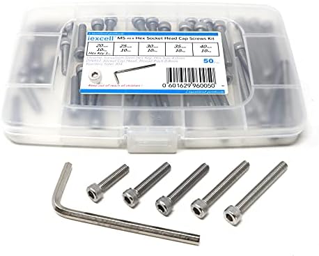 iexcell 50 Pcs M5 x 20/25/30/35/40mm Thread Pitch 0.8 mm Stainless Steel 304 Hex Socket Head Cap Screws Bolts Assortment Kit