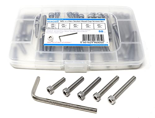 iexcell 50 Pcs M5 x 20/25/30/35/40mm Thread Pitch 0.8 mm Stainless Steel 304 Hex Socket Head Cap Screws Bolts Assortment Kit