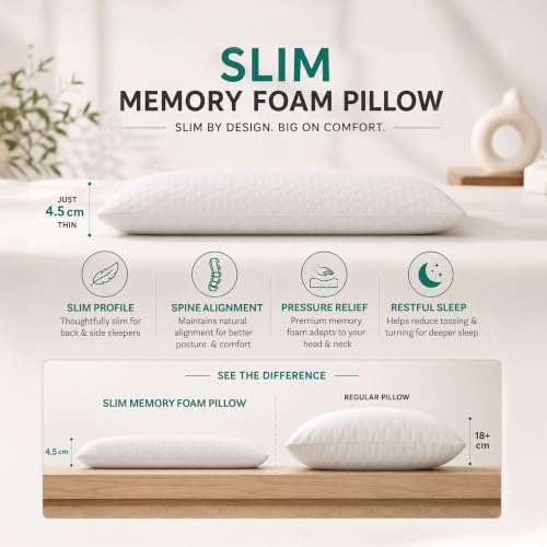 Image of MYTRIDENT Classic Slim Memory Foam Pillow for Better Shoulder and Neck Support, 1 Piece Standard Size, 43X69 CM - White
