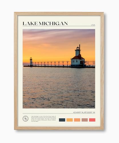 HesenDot Natural OAK Wood Lake Michigan Framed Wall Art,12x16in Lighthouse Sunset Canvas Wall Print,Classic Urban Coastal Lake Wall Decor for Living Room Bedroom Office Gallery, Set of 1