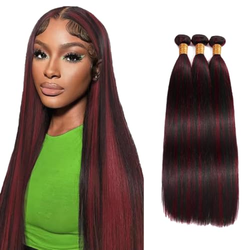 Habiliana Bundles Human Hair 24 26 28 Inch Straight Burgundy P1B/99J Human Hair Bundles 11A Unprocessed Brazilian Virgin Quick Weave Hair Extensions for Black Women