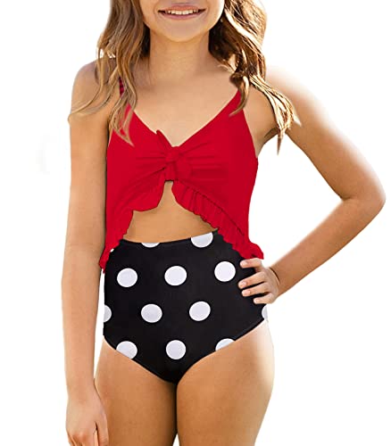 Image of Saodimallsu Girls One Piece Cutout Ruffle Swimsuits Kids Floral High Waisted Tie Front Bathing Suits