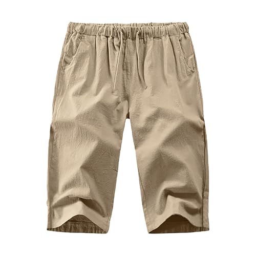 Short Lin Homme, Baggy Coton 3/4 Bermuda Long Yoga Grande Taille Taille Elastique Pantacourt Sport Été Décontracté Vetement Pantalon Lin
