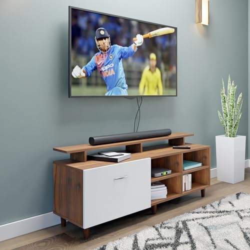 Image of VIKI Modern TV Unit for Living Room | Engineered Wood TV Cabinet with 1 Drawer Storage, 2 Open Shelves & Extension, Entertainment Unit, 140W x 48H x 40D cm | DIY | 1 Year Warranty (Walnut & White)