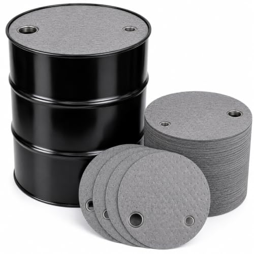 Image of Frienda 25 Pcs Drum Top Oil Absorbent Pads for 55 Gallon Drums Barrel Absorbent Pads Mat 22 inch Diameter Lid Oil Mat with Bungs 0.75 inch and 2 inch Diameter(Gray)