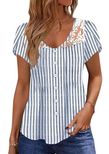 Womens Summer Tops Trendy Lace Trim V Neck Tunic Shirts Casual Petal Sleeve Pleated Front Button Blouses