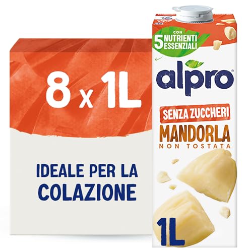 ALPRO SENZA ZUCCHERI, Bevanda alla MANDORLA, 100% vegetale con vitamine B2, B12, D2, E (8 confezioni x 1 Litro)