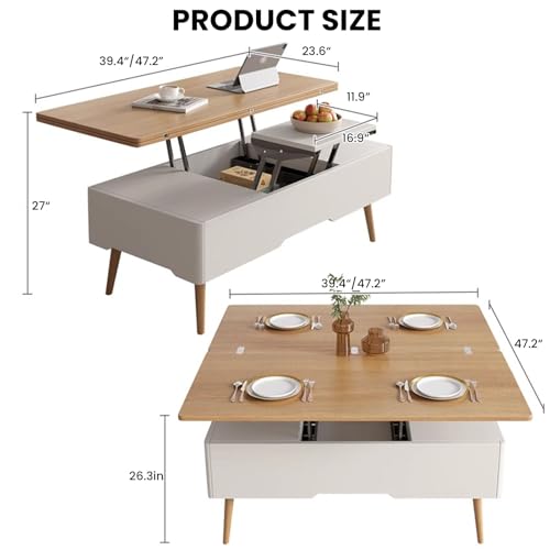 Nowoczesny stolik kawowy z podnoszonym blatem z Sto DersWielofunkcyjny rozkładany stolik środkowy do salonu ukryty kartmentElegancki drewniany design - 119 cm
