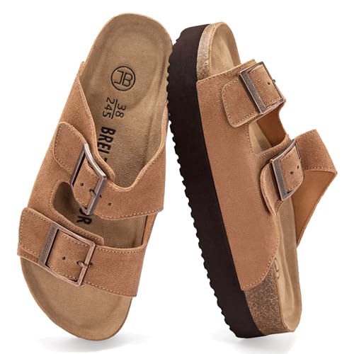 Image of Platform Sandals Women Suede Sandals Arch Support Summer Slides with Adjustable Buckle Open Toe