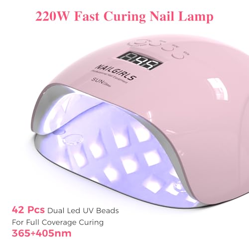 NAILGIRLS UV LED Nail Lamp, 220W Professional Nail Dryer for Gel Polish Curing Light Machine, with Automatic Sensor and LCD Display for Home and Nail Salon, 42 Dual Light Source Light Beads (Pink)