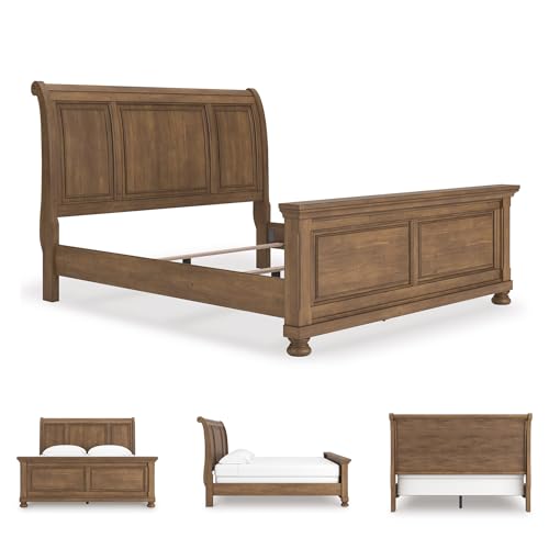 Image of Signature Design by Ashley Traditional Wood King Sleigh Bed Frame | Poplar solids, Pine veneer and engineered wood, Laminated support rails, King size sleigh bed, Glarrison Series